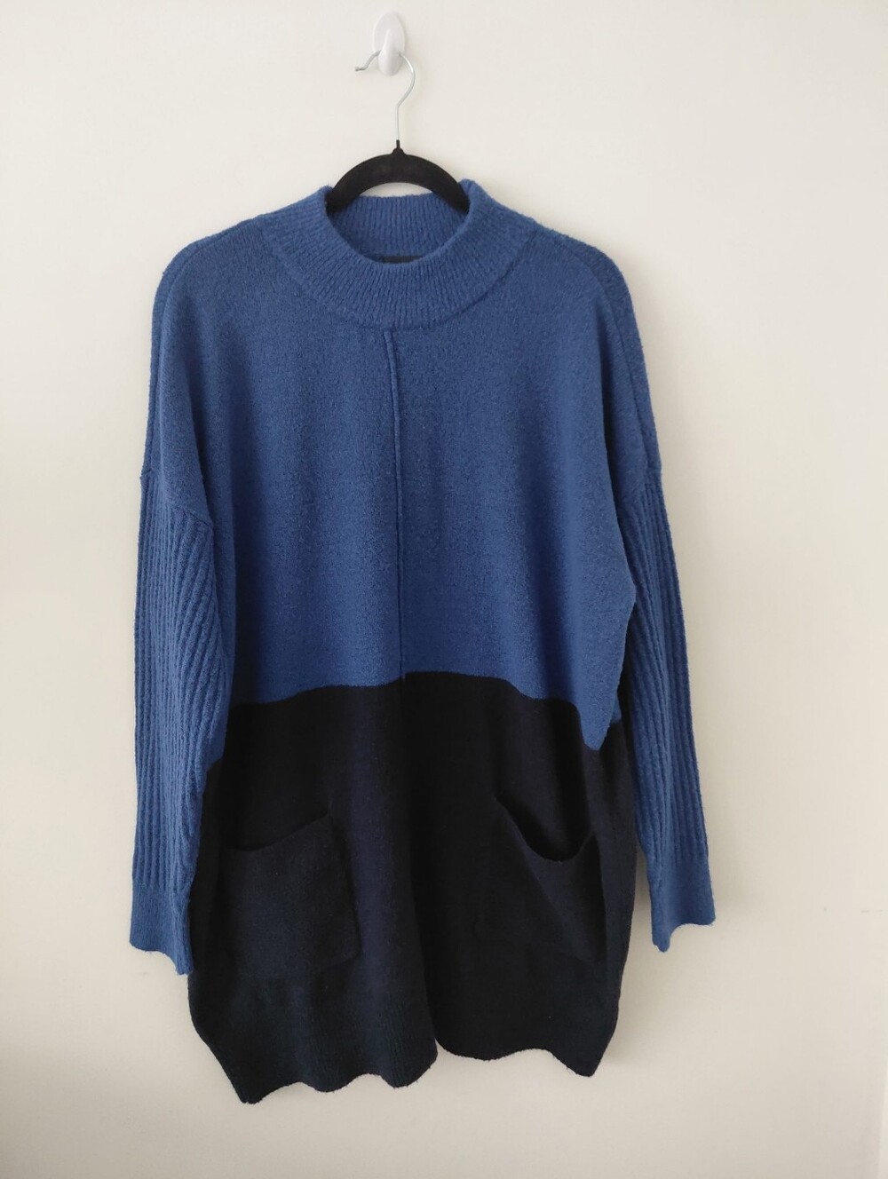 Blue and Black Colorblock Crewneck Tunic/Dress Sweater